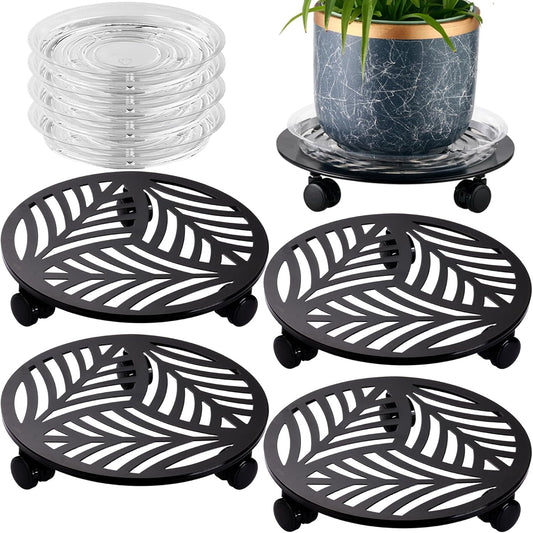 4 Packs Large Metal Plant Caddy with 3 PU Wheels 12" Heavy-duty Wrought Iron Rolling Plant Stands