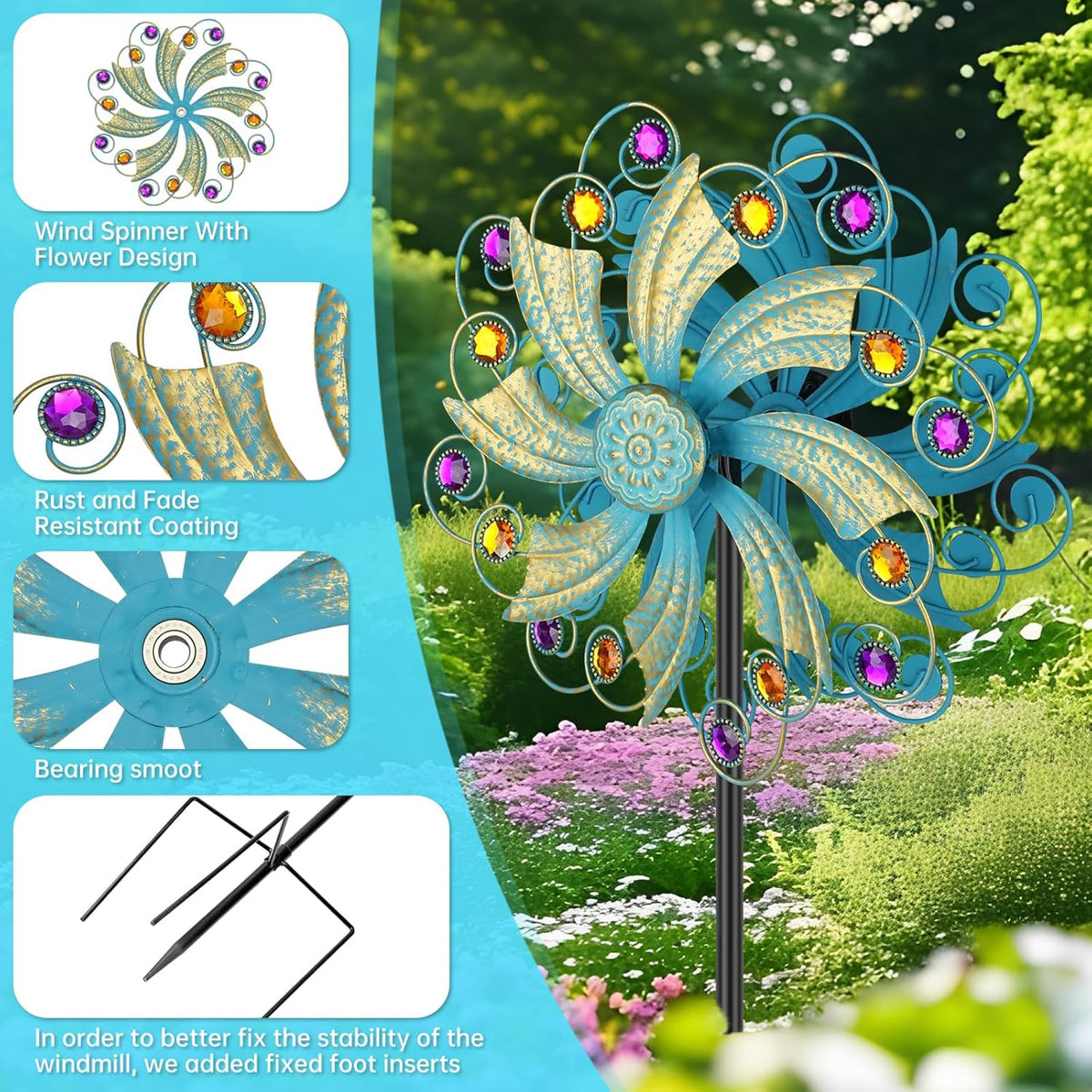 Metal Wind Spinners Outdoor, Golden Kinetic Wind Sculpture Garden Pinwheels with Metal Stake, Yard