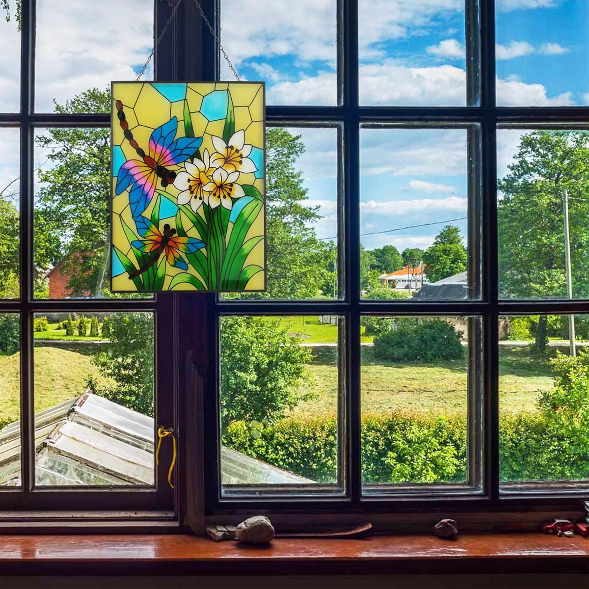 Stained Glass Window Hanging, Dragonfly Glass Art Decor, Sun Catchers Indoor Window, Rectangle