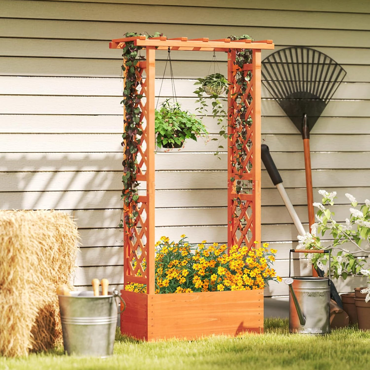 S AFSTAR Raised Garden Bed with Trellis, Wood Planter Box with Hanging Roof & Drainage Holes for