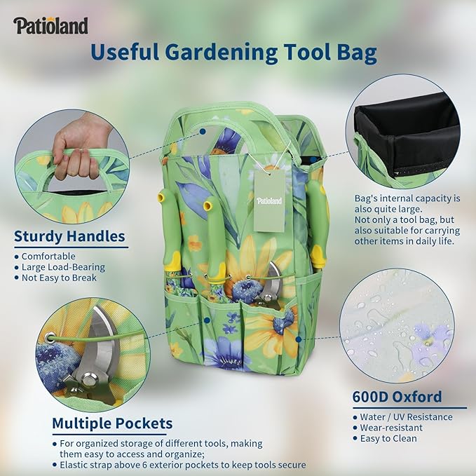 10-Piece Garden Tool Set – Green Floral Gardening Hand Tools with Non-Slip Handles, Heavy Duty