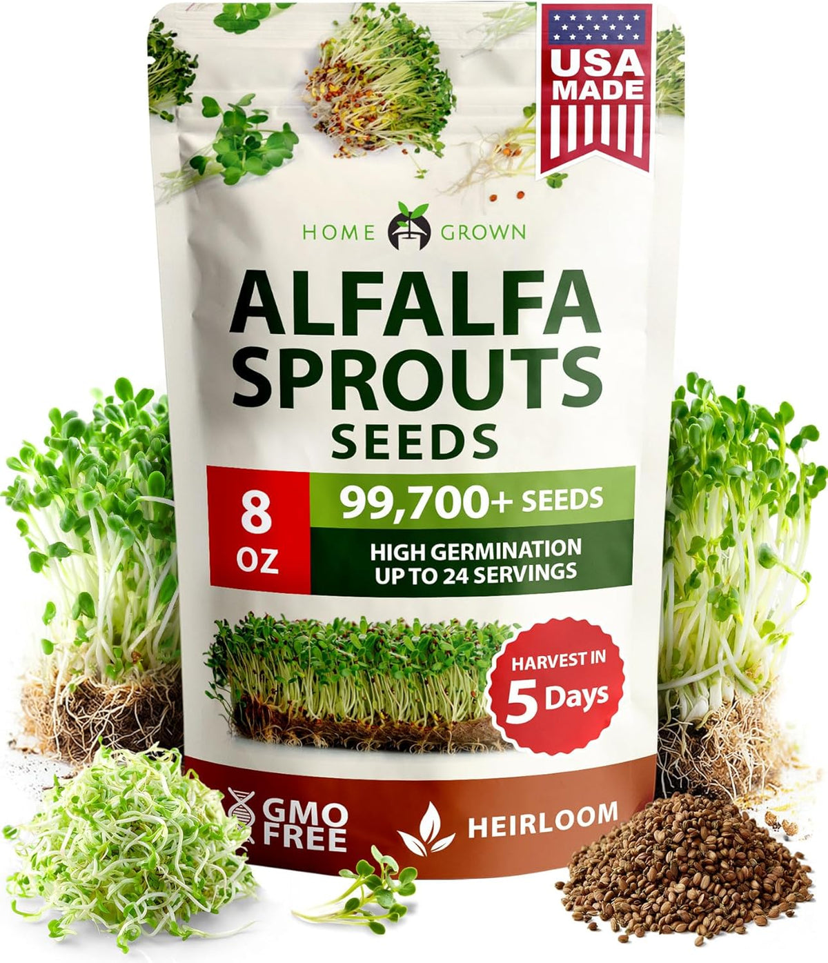 HOME GROWN Alfalfa Sprouting Seeds - Non-GMO USA-Sourced Heirloom Bulk Sprout Seed for Microgreens