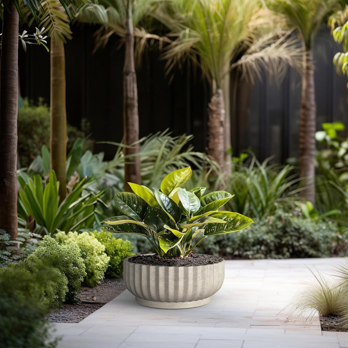Kante Round Fulted Bowl Planter, 20.9 Inch Dia Large Concrete Flower Pots with Drainage Hole and