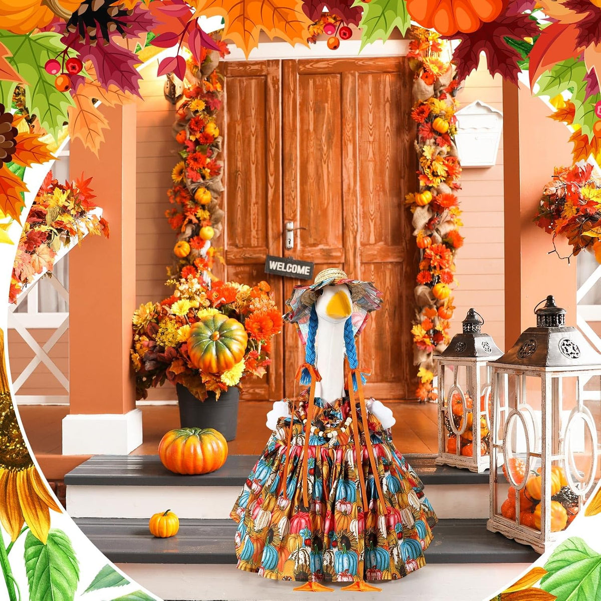 Fall Thanksgiving Goose Outfit Sunflower Porch Goose Costume with Hat Necklace for 23 Autumn Patio
