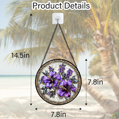 Stained Glass Window Hanging, Purple Flowers Romantic Suncatcher for Doors Home Sun Catchers