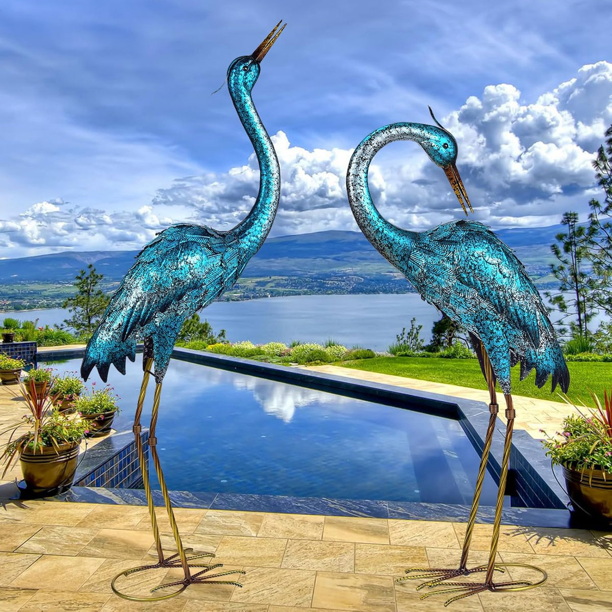 Kircust Garden Sculpture & Statues, Blue Heron Lawn Ornaments Standing Metal Crane Yard Art Large