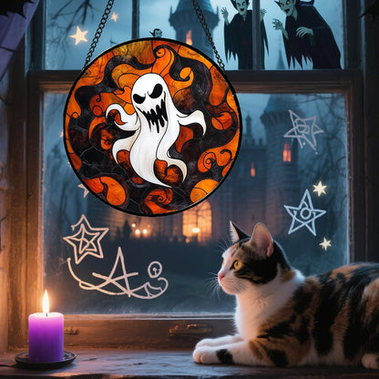 Stained Glass Window Hanging - Halloween White Ghost Suncatcher for Doors Window Garden Indoor