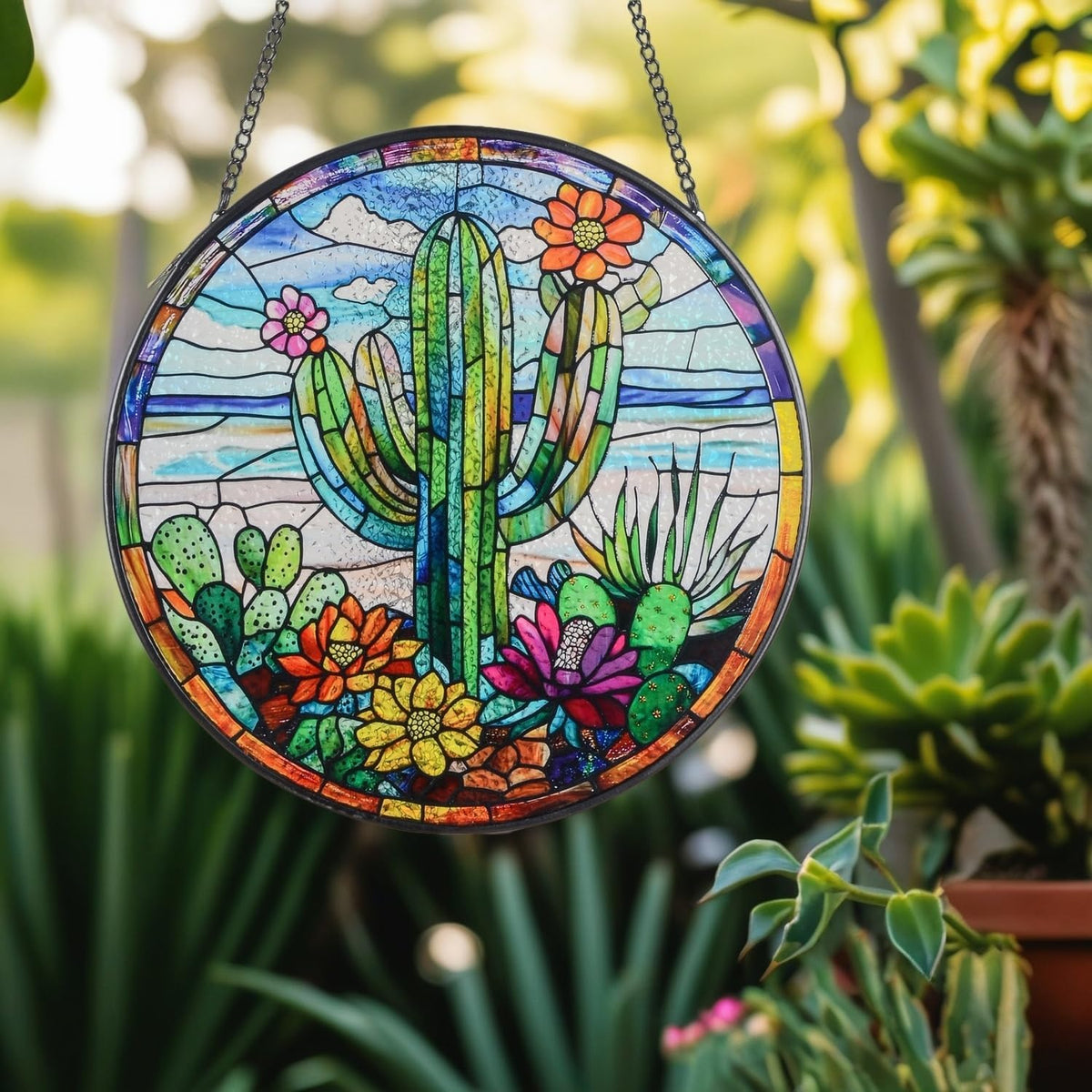 Cactus Suncatcher Decor, Cactus Stained Glass Window Art Beach Decor Sea Glass Hanging - 7.9"