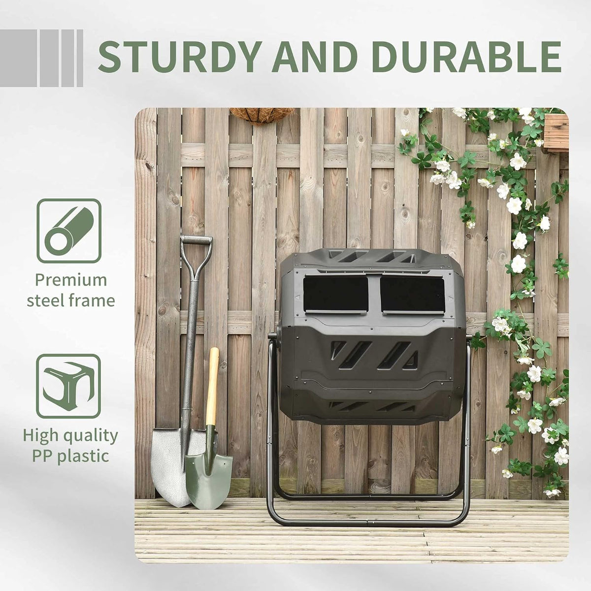 Compost Bin Outdoor, 43 Gallon Dual Chamber Tumbling Composting with Sliding Doors, Large Compost