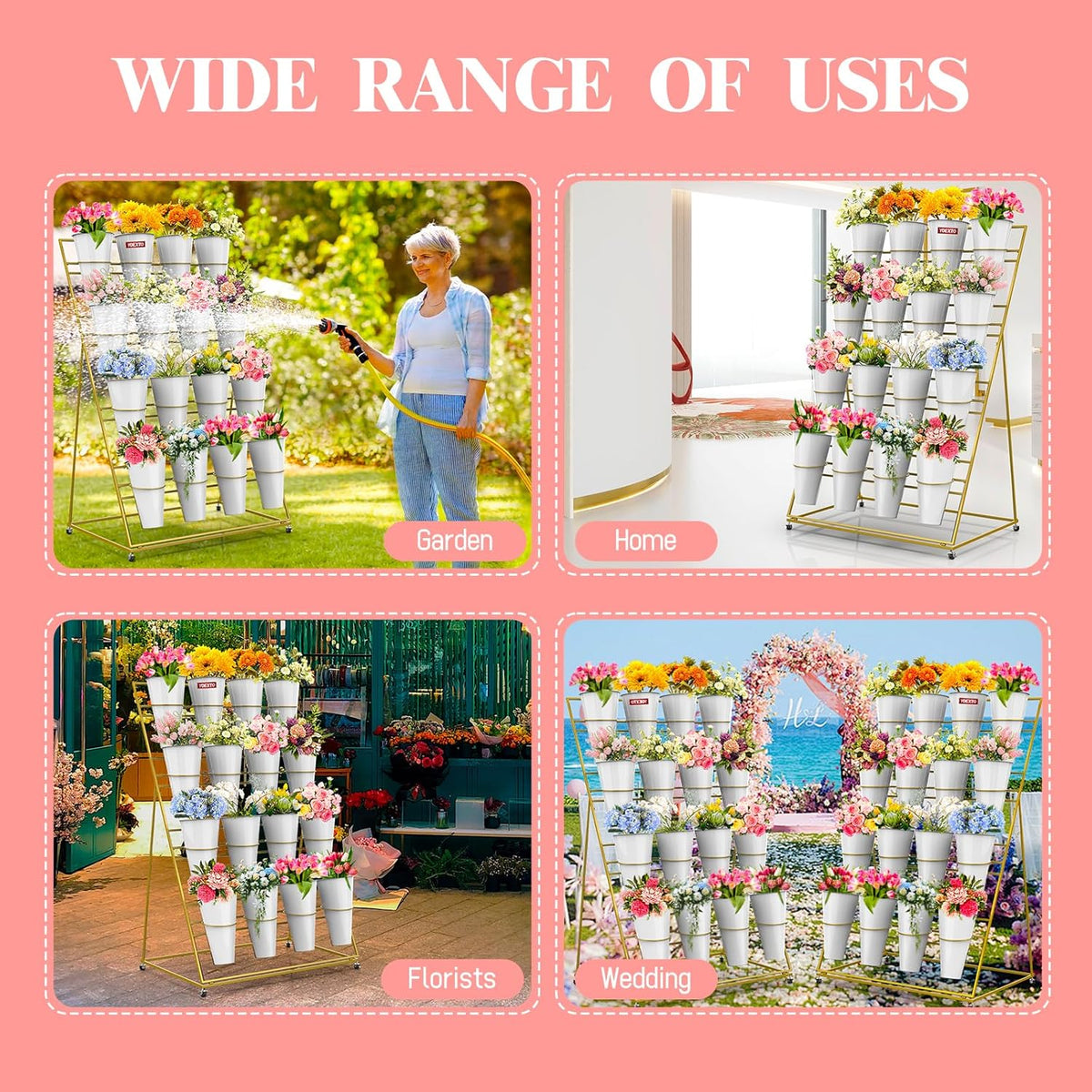 Flower Display Stand with Buckets, 4 Layers 16 PCS Buckets Plant Stand with Wheels, Movable Metal