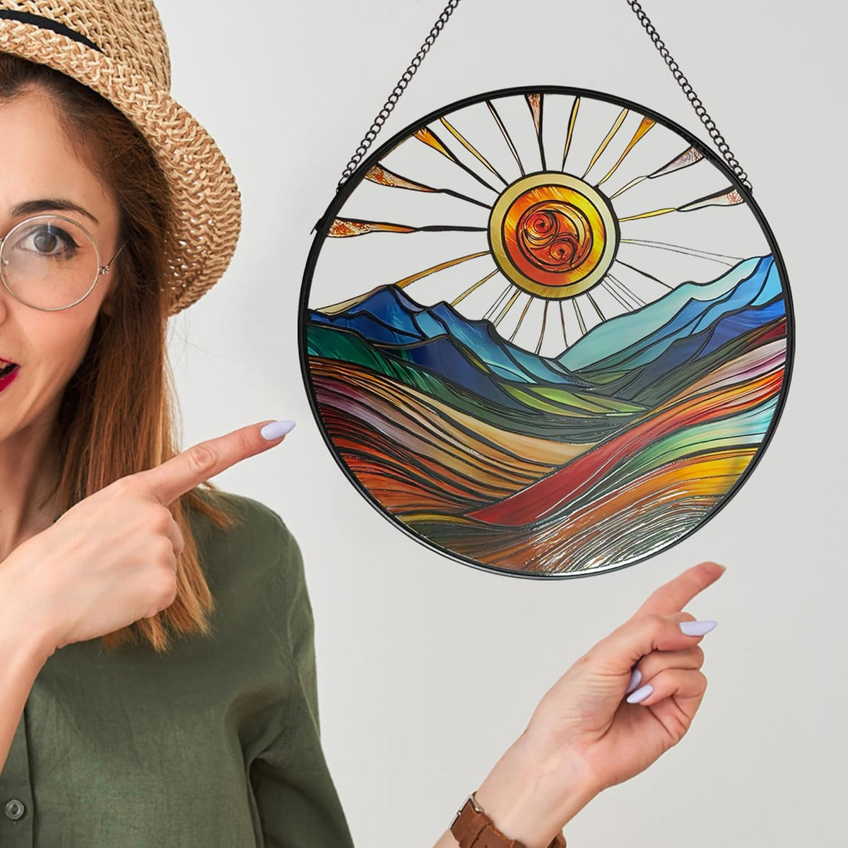 Sun Mountains Stained Glass Window Hanging, 9.8’’Sun Catcher Glass Panel Boho Wall Art Decor with