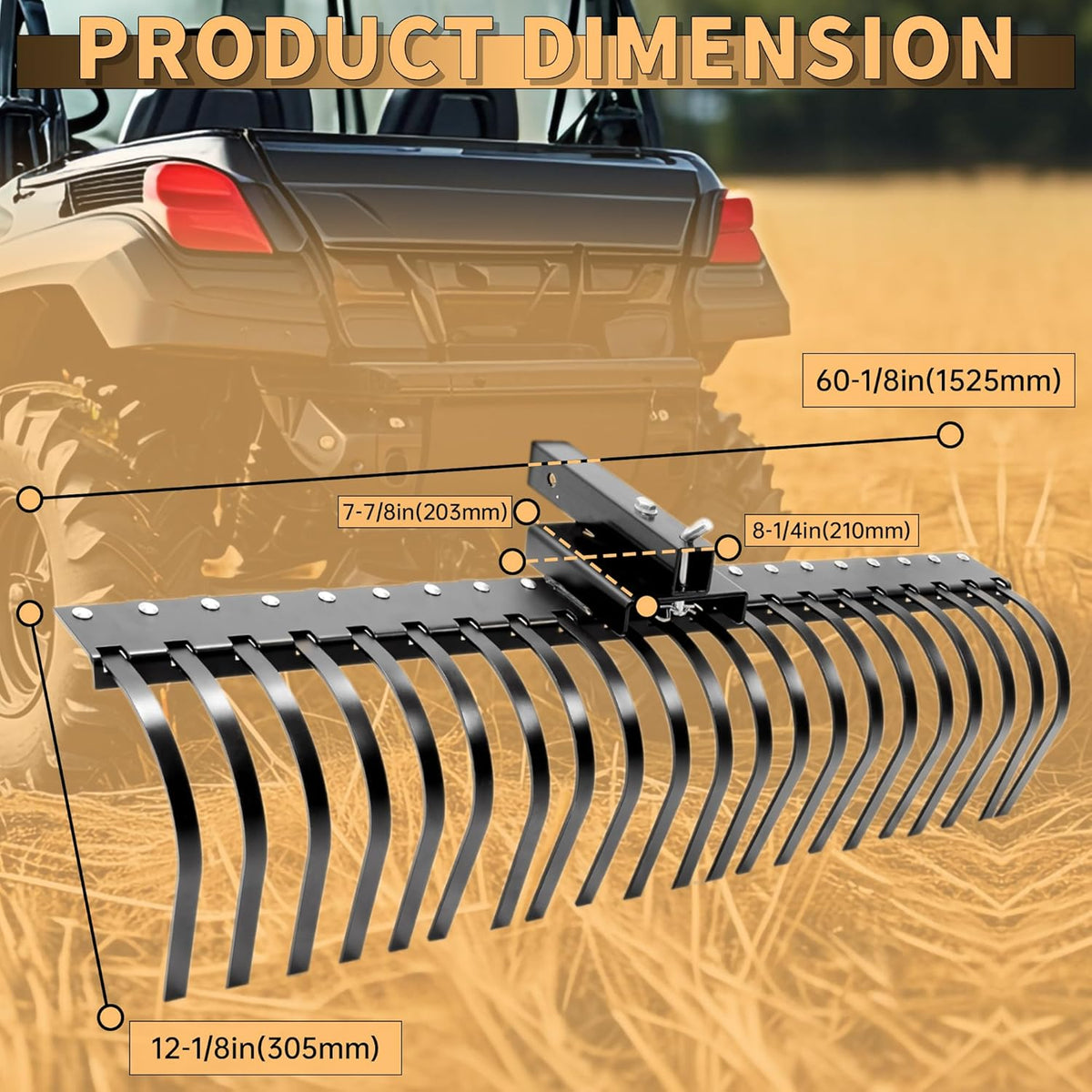 KUAFU 60 Inch Landscape Rake Pine Straw Rake Tractors Rake Fit for 2 Inch Receiver ATV UTV SxS