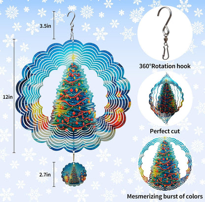 3D Christmas Tree Wind Spinners for Yard and Garden Christmas Decor 12 Inch Outdoor Metal Hanging