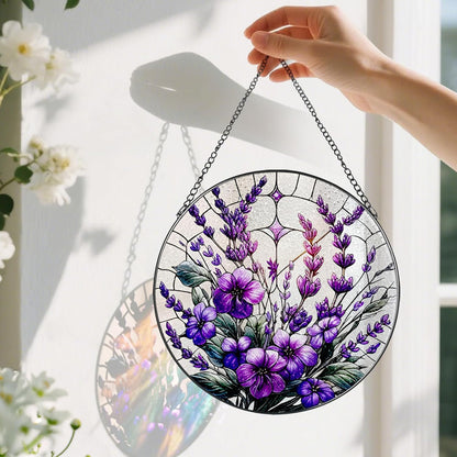 Bauhinia&Violets Flower Stained Glass Suncatcher, Stained Glass Window Hanging, 8 Inch Window