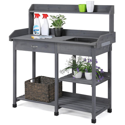 Yaheetech Potting Bench with Sink & Drawer, Outdoor Gardening Table, Gray