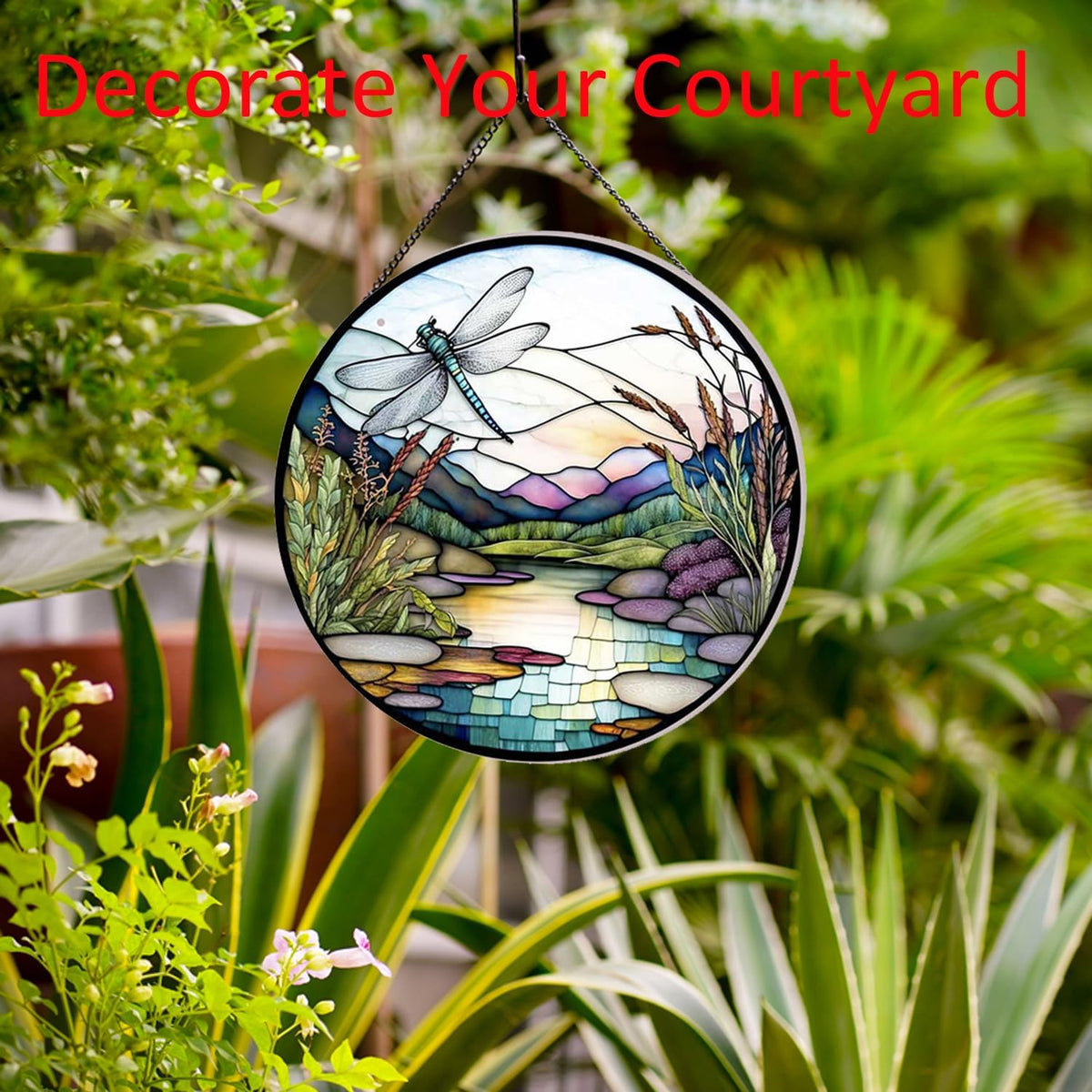 River and Dragonfly Pattern Suncatcher Stained Glass,Hanging Stained Glass for