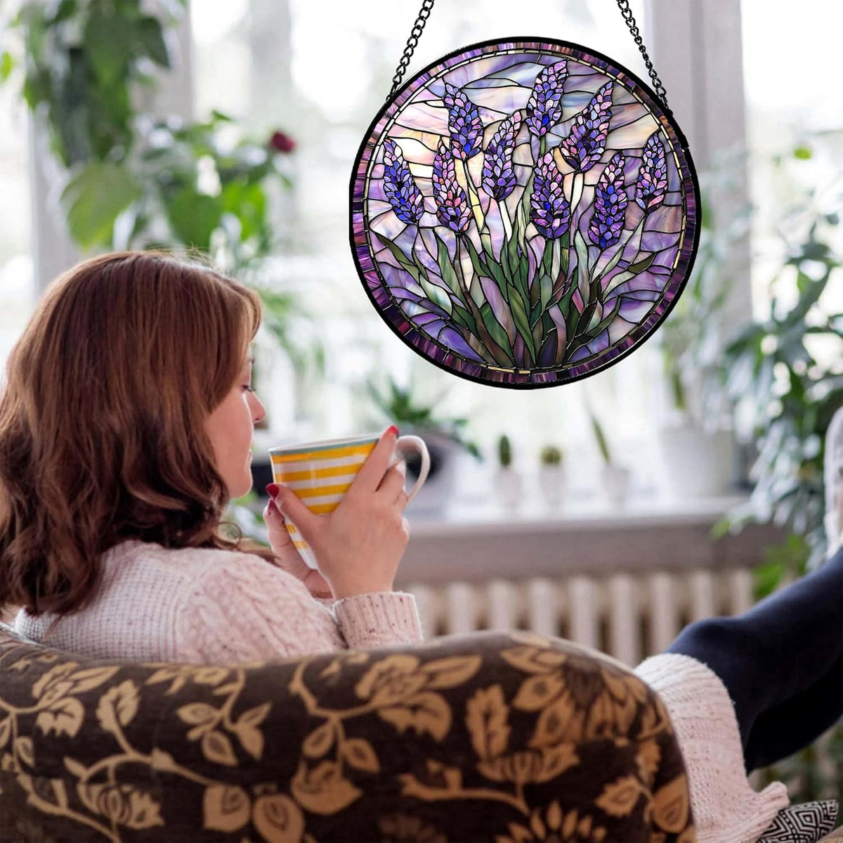 Stained Glass Window Hanging - Purple Flowers Suncatcher for Door Terrace Garden Home Decor