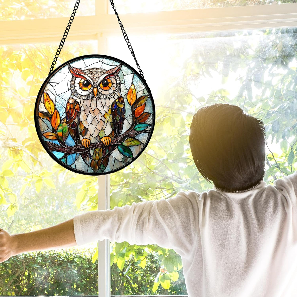 Stained Glass Window Hanging, Owl Colorful Leaves Birds Sun Catchers Diamond Glass Panel Hangings