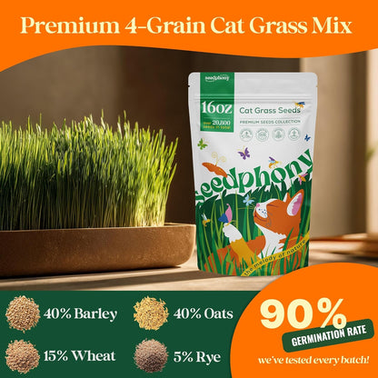 Cat Grass Seed Mix – 16 oz Pack with 20,500 Non-GMO Heirloom Seeds for Cats, Barley, Oat, Rye &