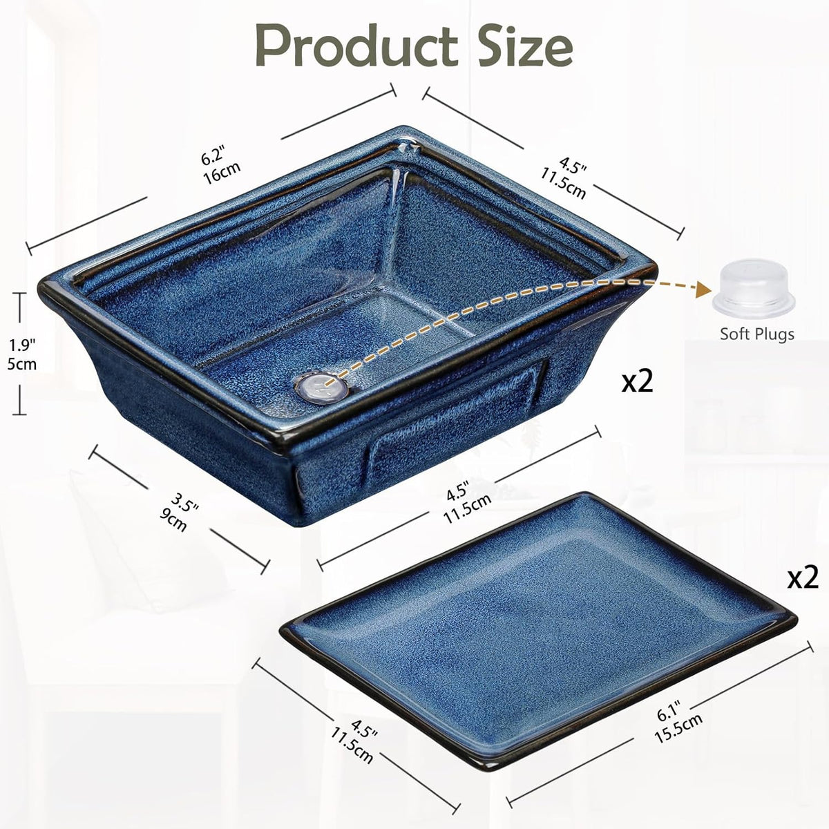 Ceramic Bonsai Pots with Drainage Tray Set of 2, 6 Inch Blue Glazed Bonsai Planters for