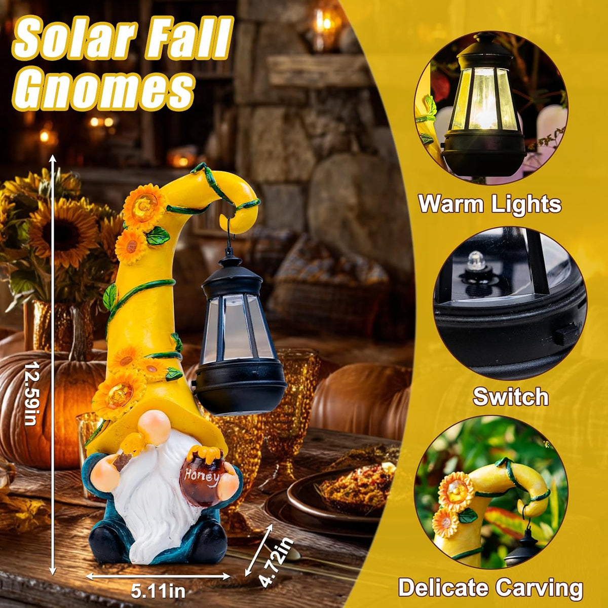 Thanksgiving Decorations for Home Porch 12" Solar Sunflower Gnome Garden Statues Honey Bee Jar