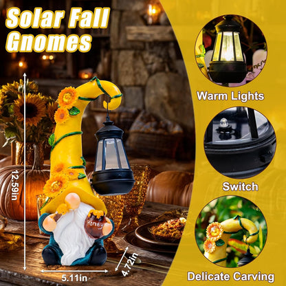 Thanksgiving Decorations for Home Porch 12" Solar Sunflower Gnome Garden Statues Honey Bee Jar