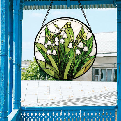 Stained Glass Window Hanging, Lily of The Valley Flower Sun Catchers Colorful Glass Panel Green