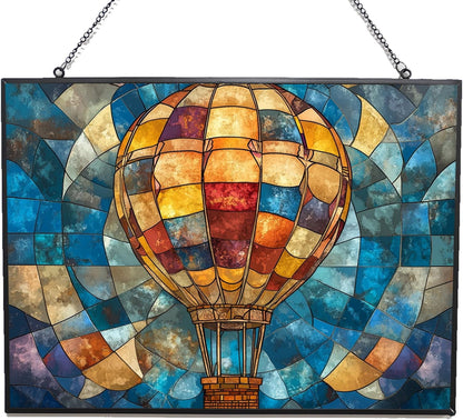 Personalized Rectangle Boho Hot Air Balloon Stained Glass Suncatcher Window Hanging, Gothic