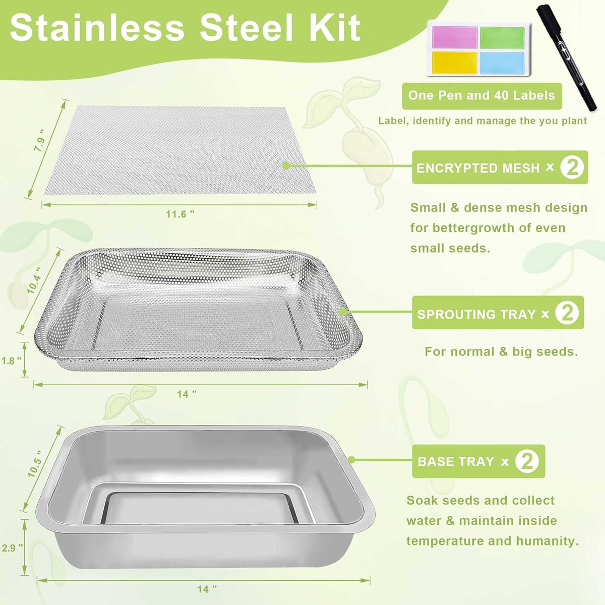 Stainless Steel Sprouts Growing Kit 2-Tier 14 inch Trays, Microgreens Growing Kit, Seed Sprouting