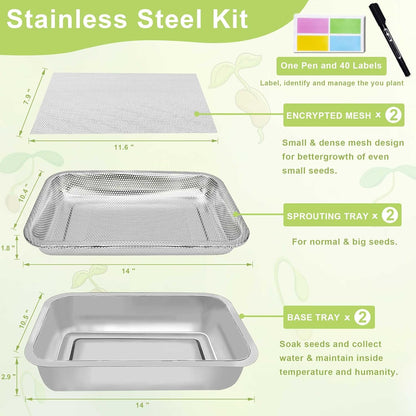 Stainless Steel Sprouts Growing Kit 2-Tier 14 inch Trays, Microgreens Growing Kit, Seed Sprouting