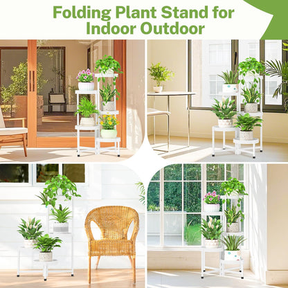 iDavosic.ly 5 Tier Folding Plant Stand Indoor Outdoor with Plastic Tray, Tiered Corner Flower