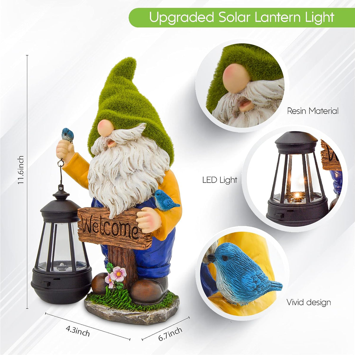 Christmas Garden Gnomes Outdoor - Flocked Gnome Statue Holding Lantern with Solar LED Lights |