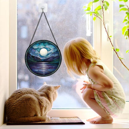 Stained Glass Window Hanging, Blue Night Moon Lake Sun Catchers Colorful Glass Panel Landscape