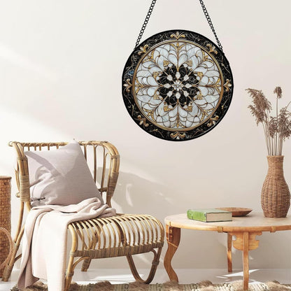 Stained Glass Window Hanging, Black and White Gold Boho Pattern Suncatcher for Doors Window Home