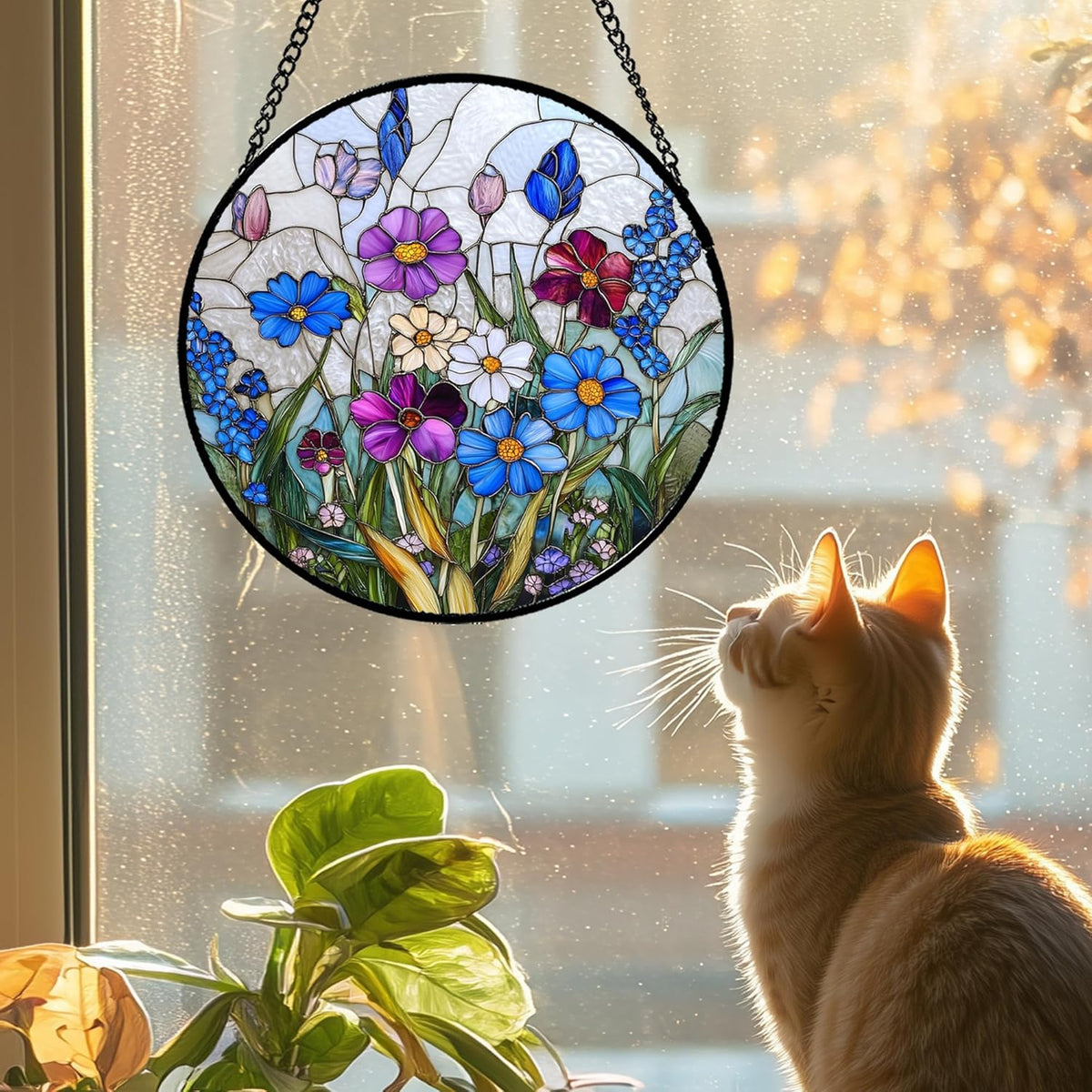 Stained Glass Window Hanging Blue Purple Wildflowers Large 11.8" - Suncatcher Door Garden Sunroom