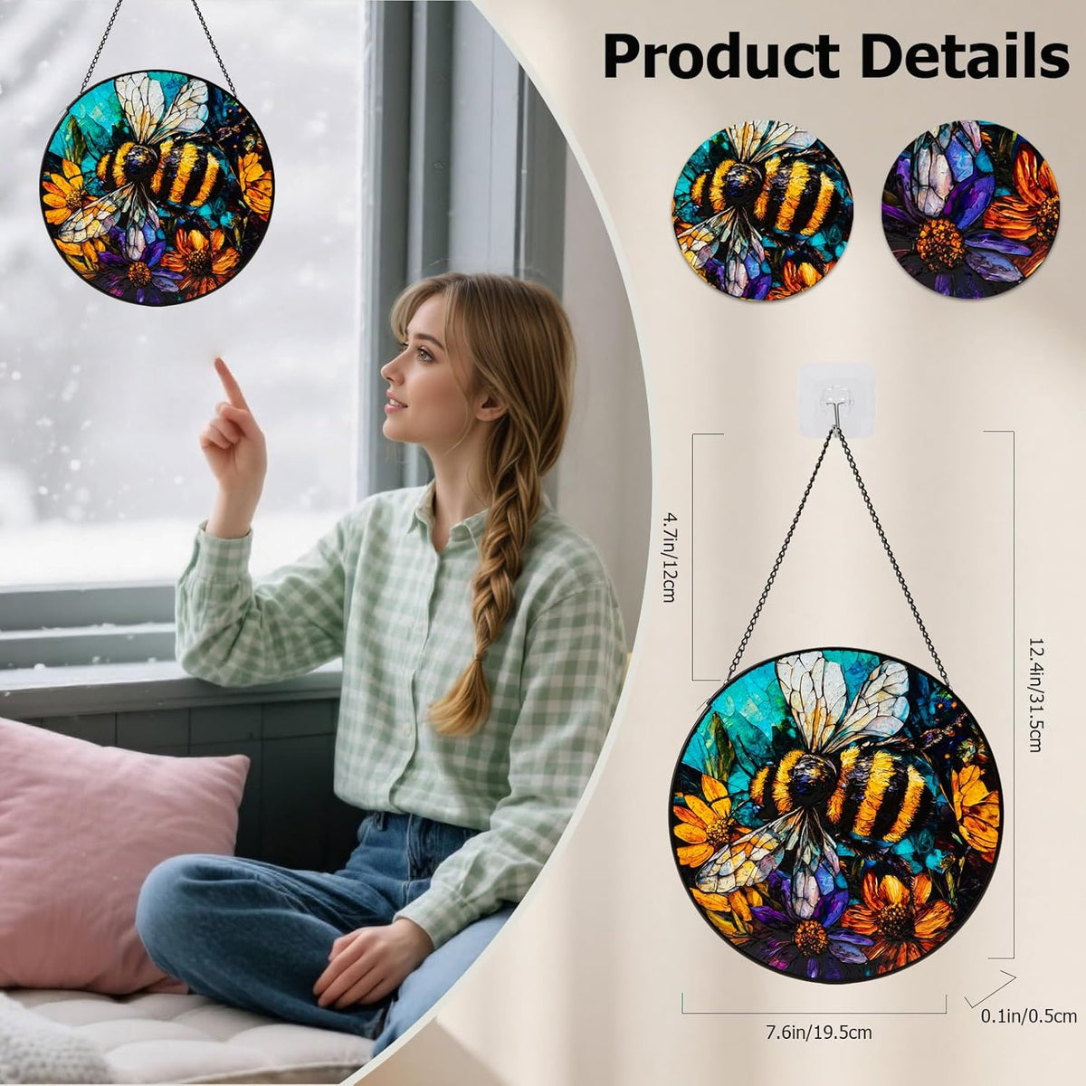 Stained Glass Window Hanging, Bee Yellow Flower Suncatcher for Doors Home Sun Catchers Decoration