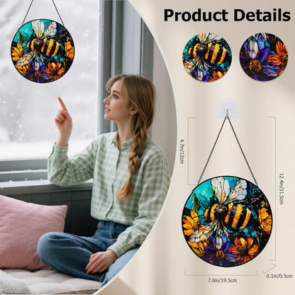 Stained Glass Window Hanging, Bee Yellow Flower Suncatcher for Doors Home Sun Catchers Decoration
