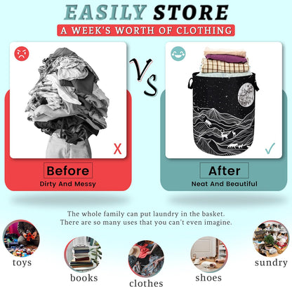 Mountain Laundry Basket Foldable With Handles Deer Bear Moon Tote Bag Oxford Cloth Funny Laundry