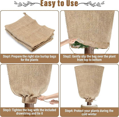 Riare 4 Packs 40 × 47 Inch Burlap Winter Plant Cover Bags with Drawstring- Reusable Large Burlap
