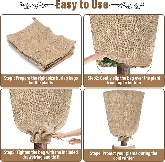 Riare 2 Packs 40 × 47 Inch Burlap Winter Plant Cover Bags with Drawstring- Reusable Large Burlap
