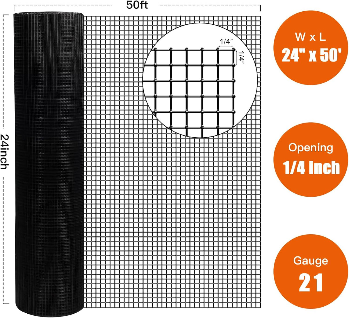 24" x 50' 1/4inch PVC Hardware Cloth Vinyl Coated Chicken Wire Fence Galvanized Welded Mesh Roll