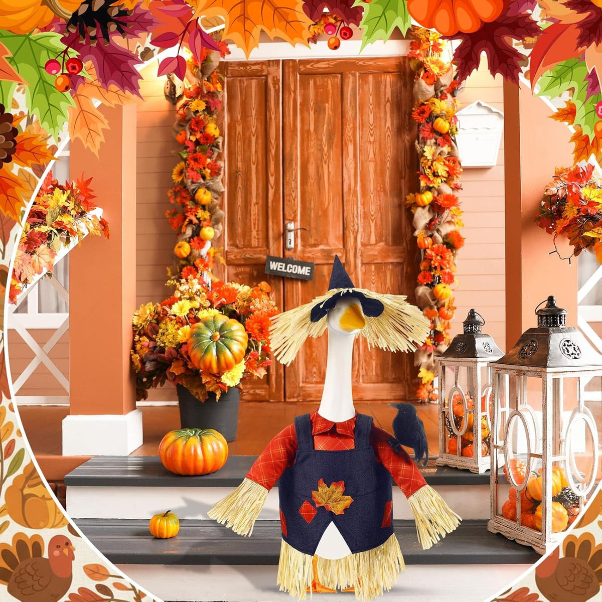 3 Pcs Thanksgiving Scarecrow Porch Goose Outfits for 23 Inch Lawn Statue Goose Design with Hat
