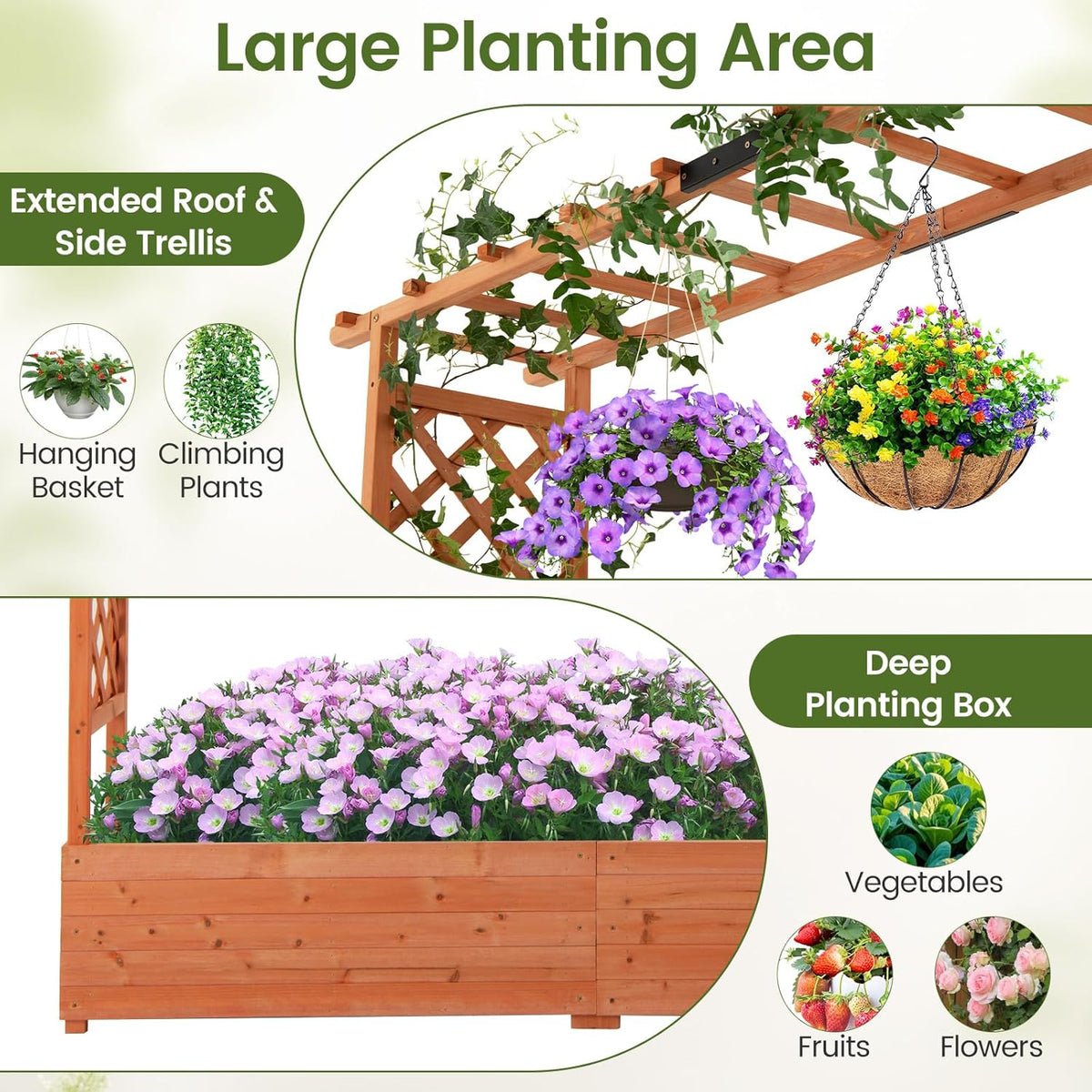 S AFSTAR 77-Inch Raised Garden Bed with Arch Trellis, Hanging Roof & Drainage Holes, Vertical Plant