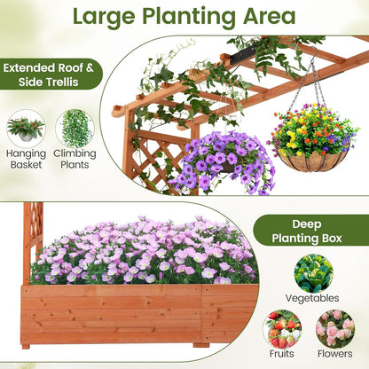 S AFSTAR 77-Inch Raised Garden Bed with Arch Trellis, Hanging Roof & Drainage Holes, Vertical Plant