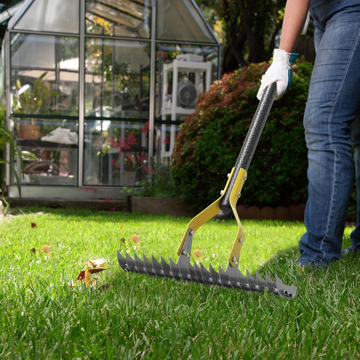 Thatch Rake,Cold-Pressed Steel Dethatcher Rake - 56 inch Adjustable Handle, Ergonomic Grip