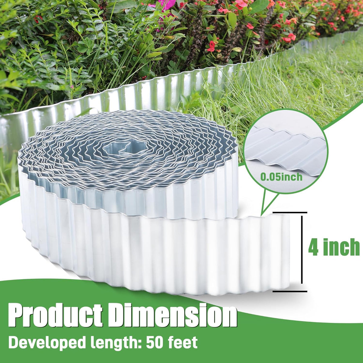 Metal Corrugated Garden Edging, 4" x 50Ft Garden Edging Border for Garden and Flower Bed, Landscape
