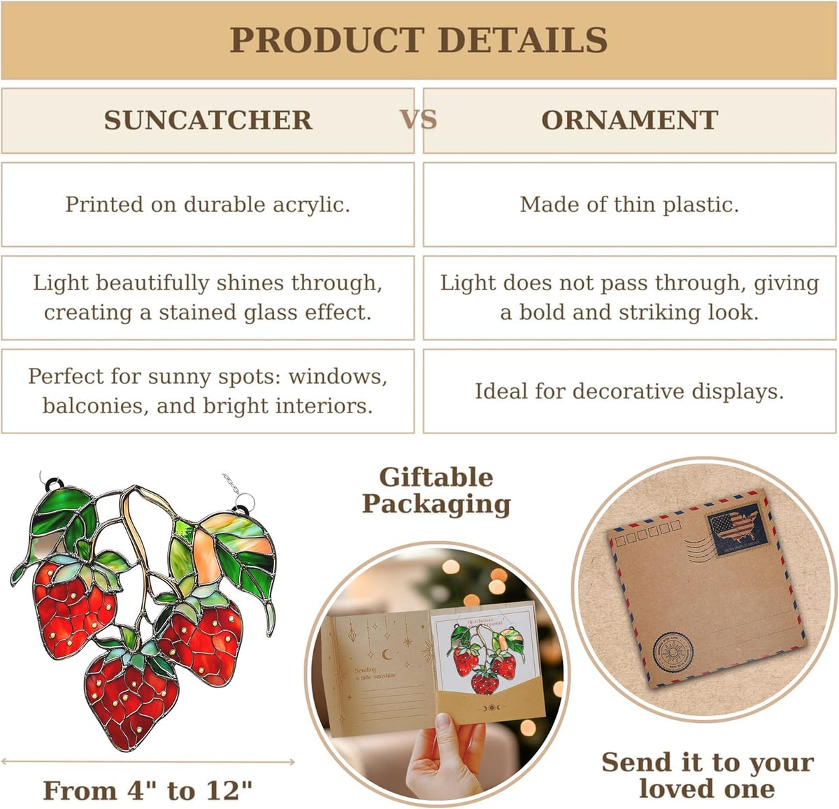 Strawberries Branch Acrylic Suncatcher Stained Glass Effect Window Car Hanging Christmas Ornament