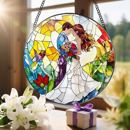 8'' Romantic Couple Wedding Sun Catcher Ornament, Stained Glass Window Hanging, Suncatchers for