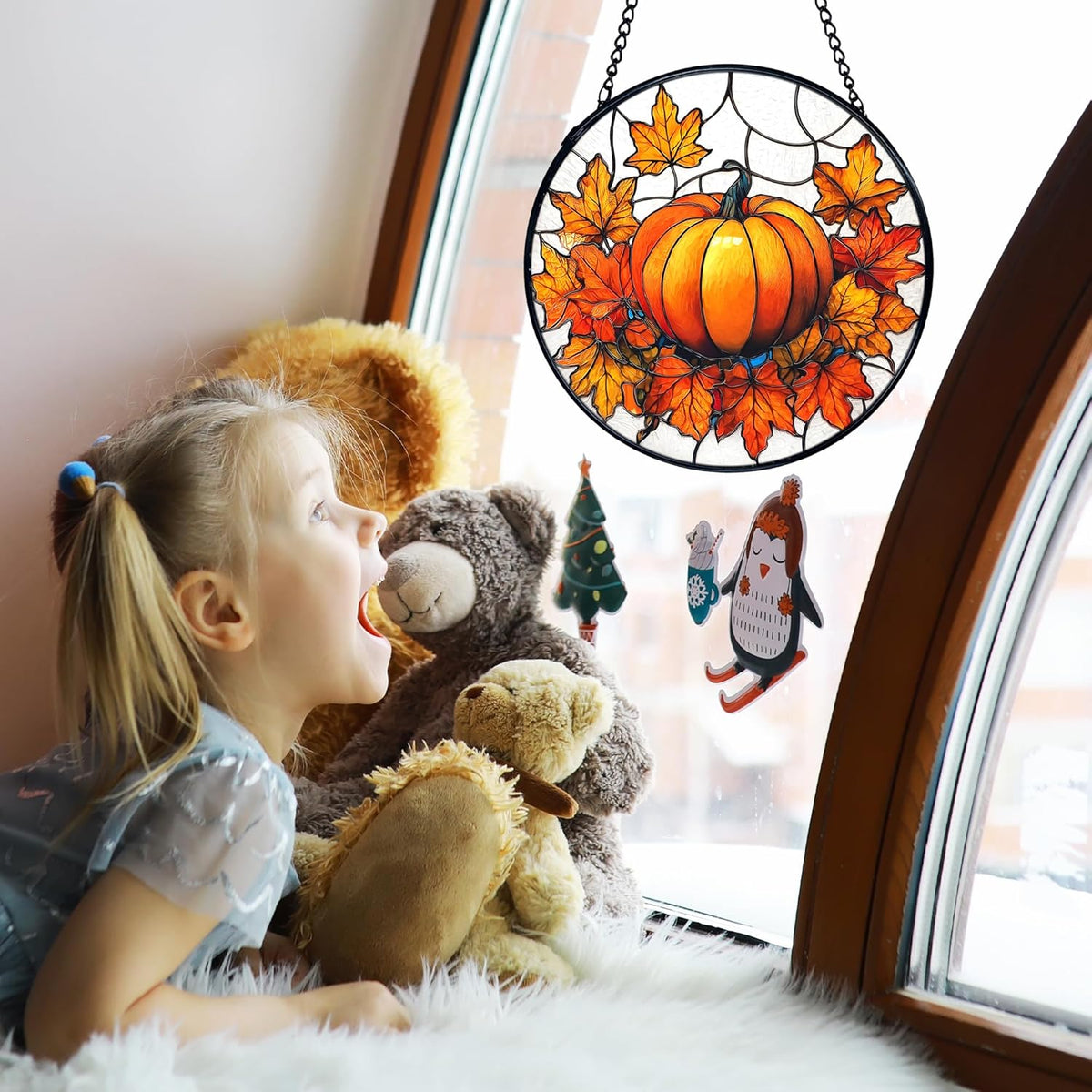 TNUW Fall Pumpkin Stained Glass Window Hanging, Farmhouse Autumn Pumpkin Maple Leaf Sun Catchers