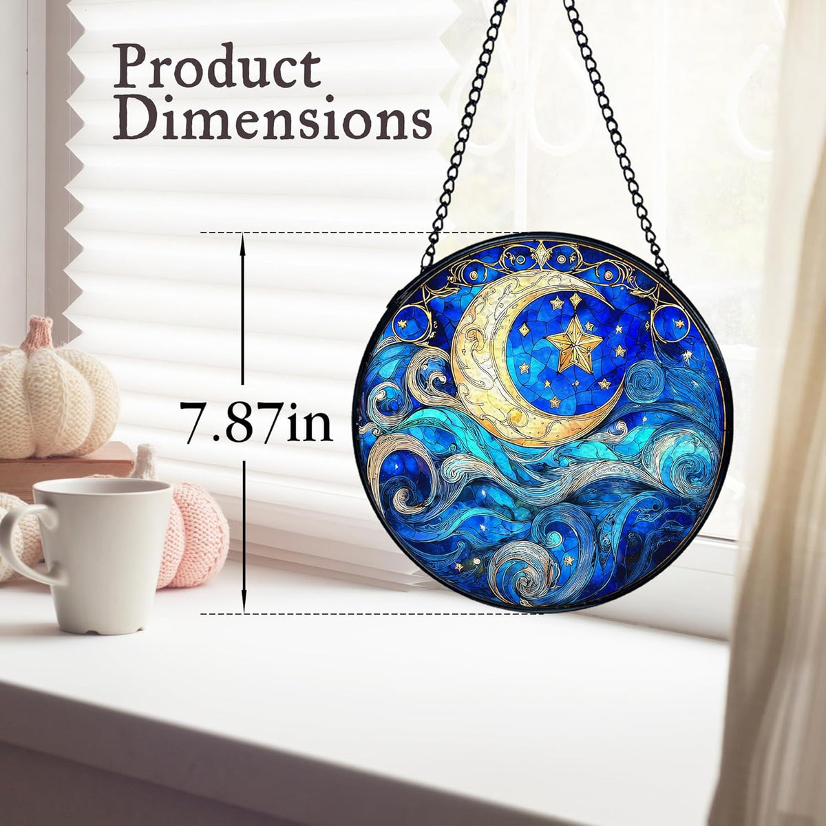 kdqua Moon and Star Suncatcher Stained Glass Window Hanging, Blue Celestial Astronomy Sun Catchers
